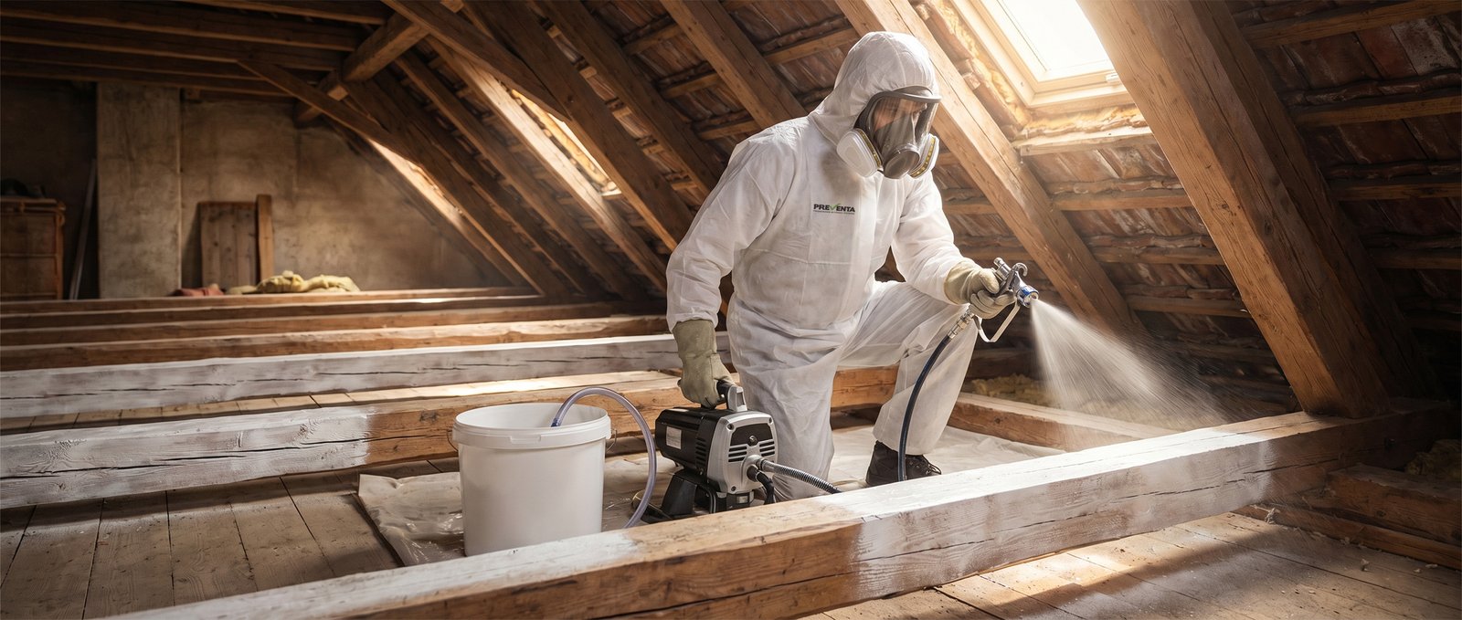 Професионална обработка на дървена покривна конструкция срещу дървояди от Preventa
